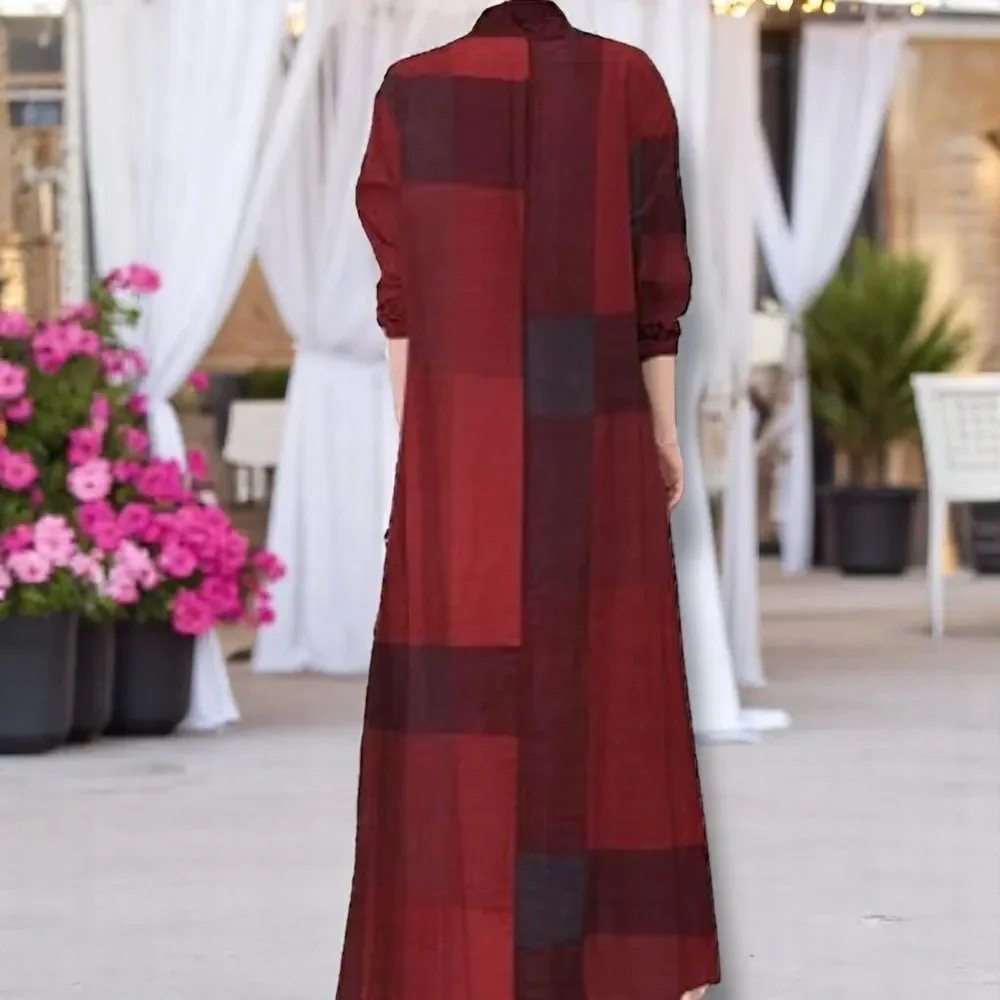 Red Plaid Long Sleeve Button Down Maxi Shirt Dress NEW